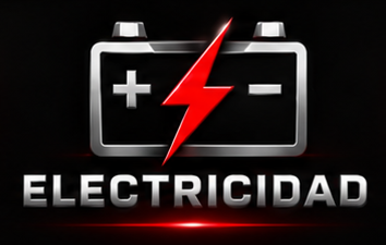 Logo RVS de Electricidad: batería y rayo rojo